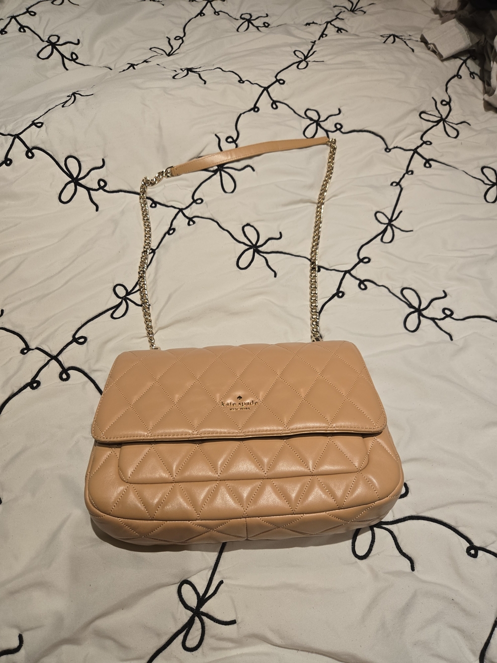 kate spade Quilted Tan Leather Shoulder Bag with Gold Chain